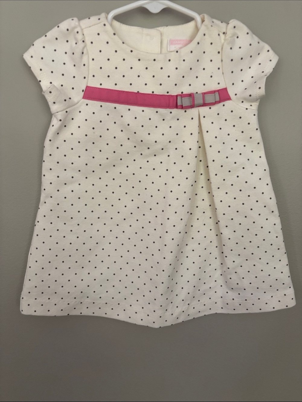 Janie and Jack Cream Polka Dot Dress with Pink Waist Ribbon